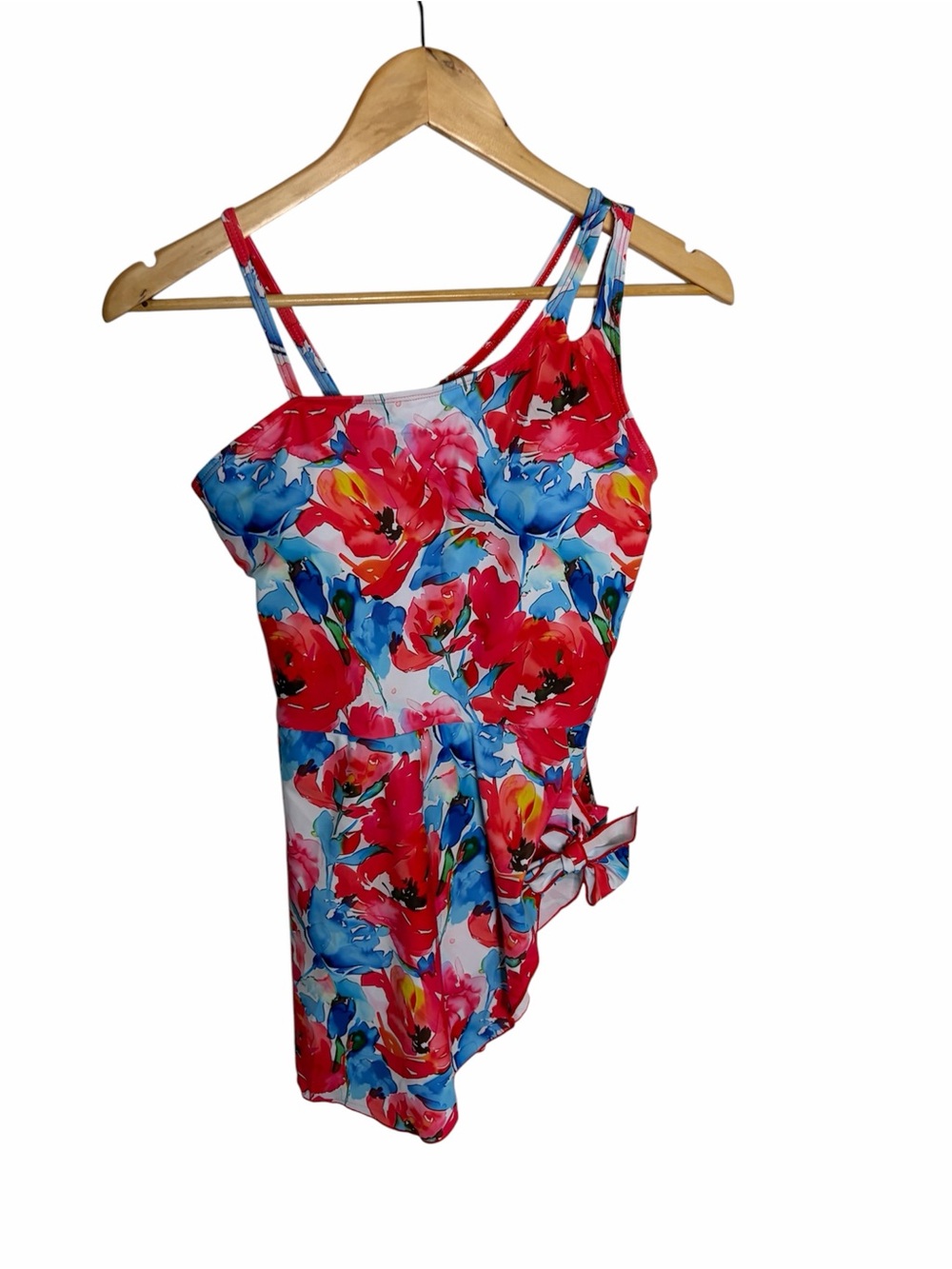 Floral asymmetrical swim dress with built in bra size 15-16 youth